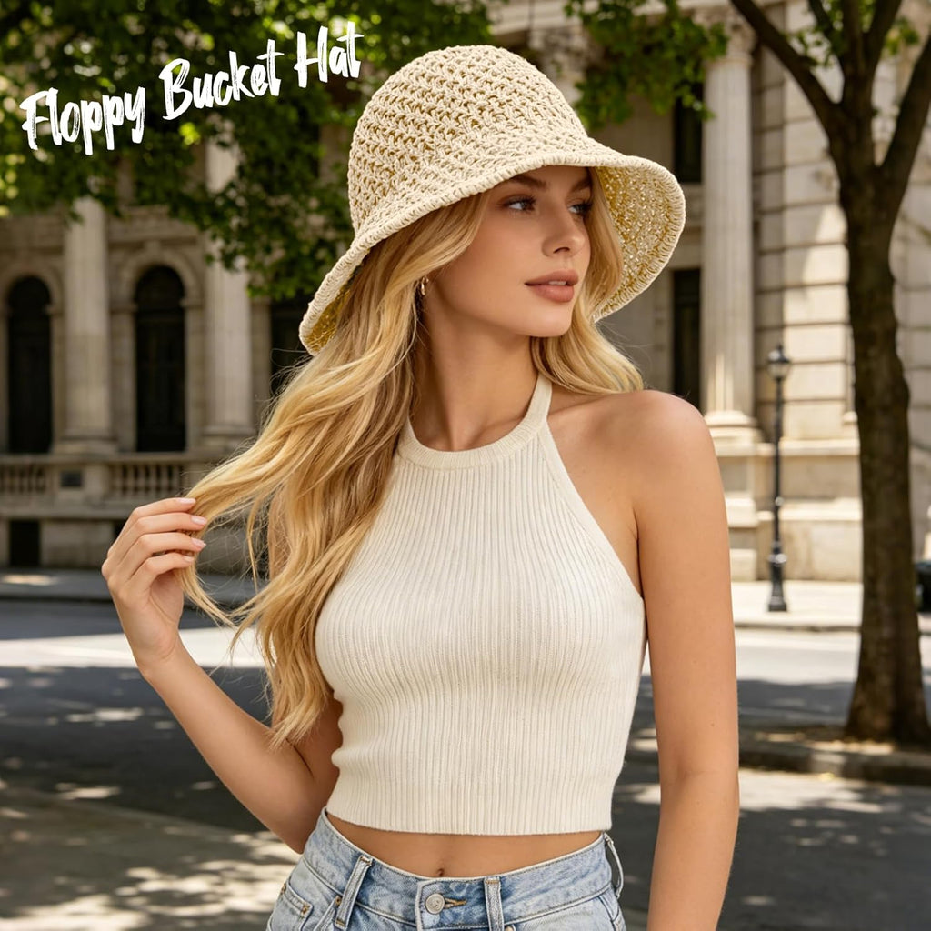 Sun Hat for Women Summer Straw Beach Hats Floppy Crochet Hat UV Protection Travel Bucket Hat Foldable Packable