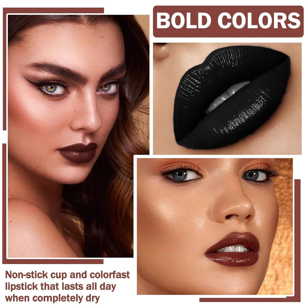 3 in 1 Black Lip Liner Pencil and Lipstick lipgloss Set Matte Black Lipstick Lip Gloss Kit Long-lasting Nonstick Cup Smudge Proof Lip Kits with Lip Liner,Velvet Goth Makeup (12#Black Magic)