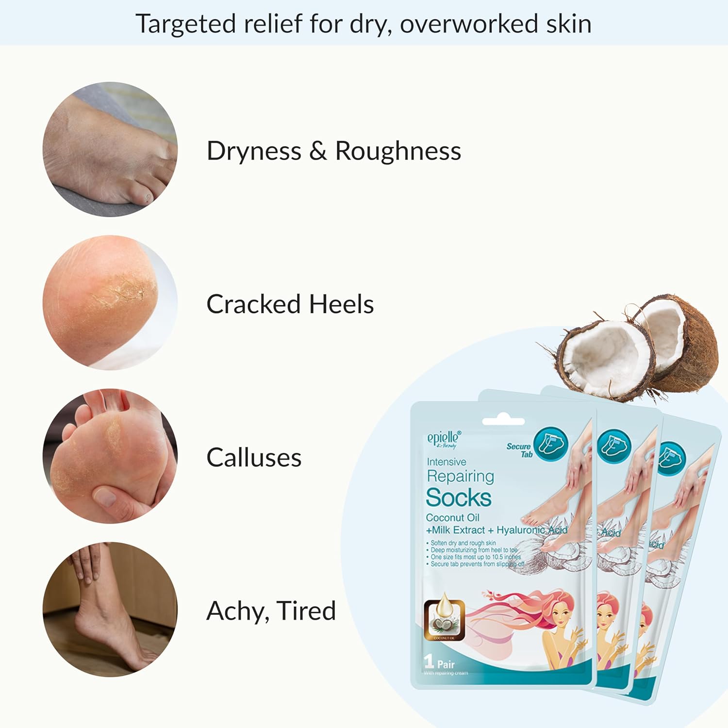 Epielle Intensive Repairing Foot Mask 6 Pairs, Soften with Coconut Oil & Milk Extract, Deep Moisturizing Socks for Dry, Cracked Feet, Self Care Gifts for Women, Spa Kit, Mothers Day Gifts