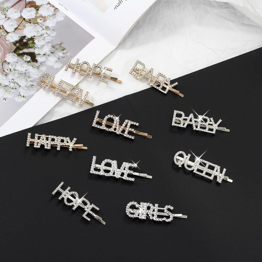 10 Pieces Words Letter Hair Pins, Glitter Rhinestone Hair Clips Bobby Pins Bling Crystal Letter Barrettes Hair Accessories for Women Wedding, Prom, Party
