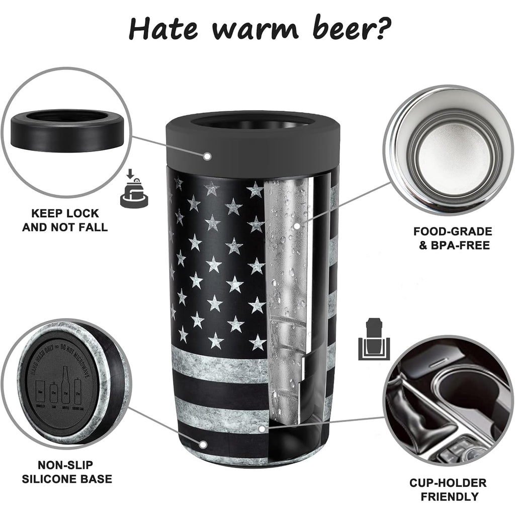4-In-1 Slim Can Cooler Easy To Hold Insulated Beer Can Holder Double-Walled Stainless Steel For All 12 Oz Cans Black America Flag 2