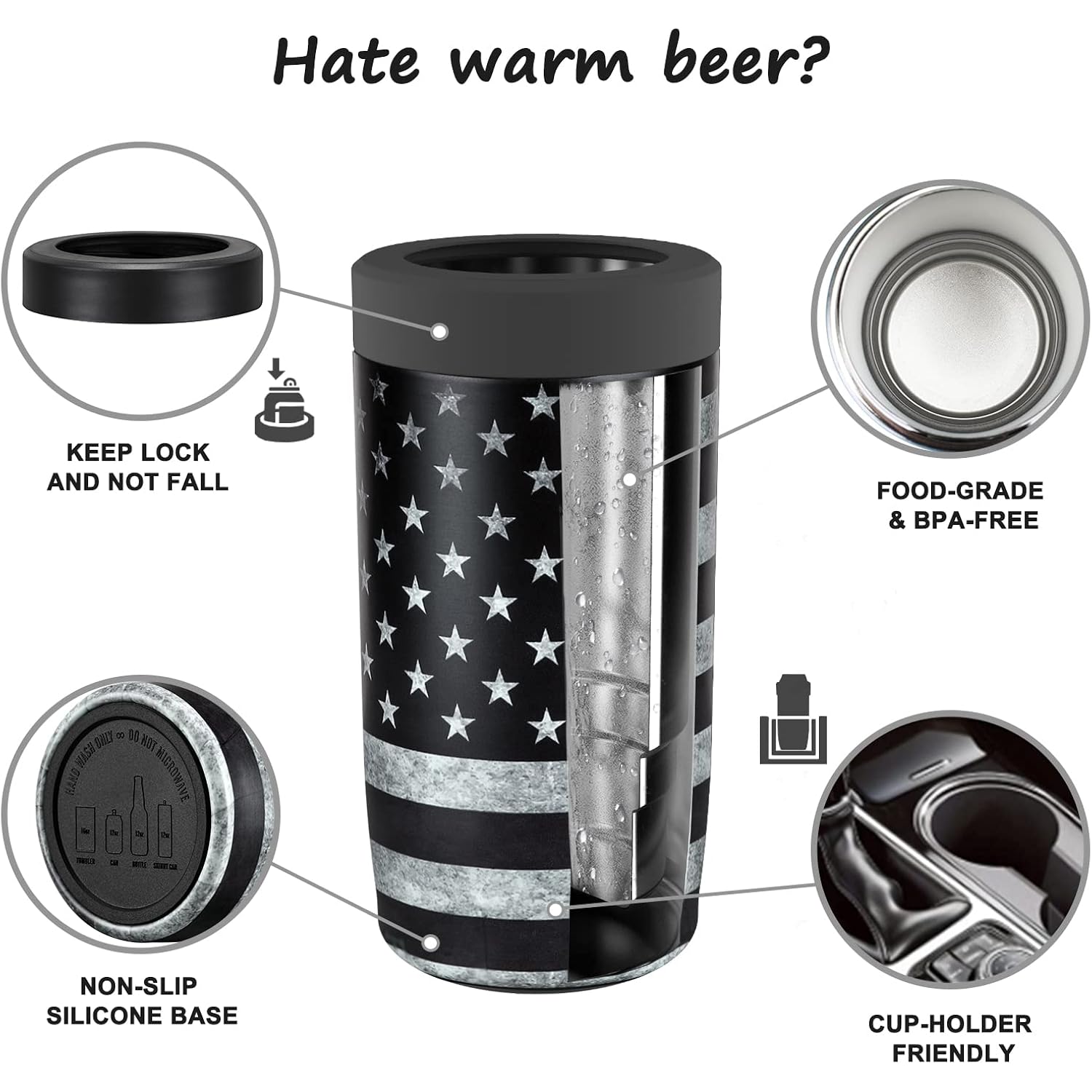 4-In-1 Slim Can Cooler Easy To Hold Insulated Beer Can Holder Double-Walled Stainless Steel For All 12 Oz Cans Black America Flag 2