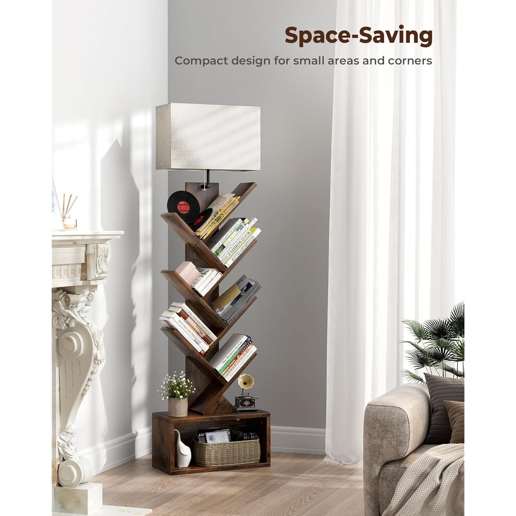 Evermagin 6 Tier Tree Bookshelf With Light, Narrow Bookcase Tower, Tall Floor Standing Book Organizer With Storage Cabinet For Living Room, Bedroom And Home Office, Rustic Brown