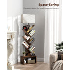 Evermagin 6 Tier Tree Bookshelf With Light, Narrow Bookcase Tower, Tall Floor Standing Book Organizer With Storage Cabinet For Living Room, Bedroom And Home Office, Rustic Brown