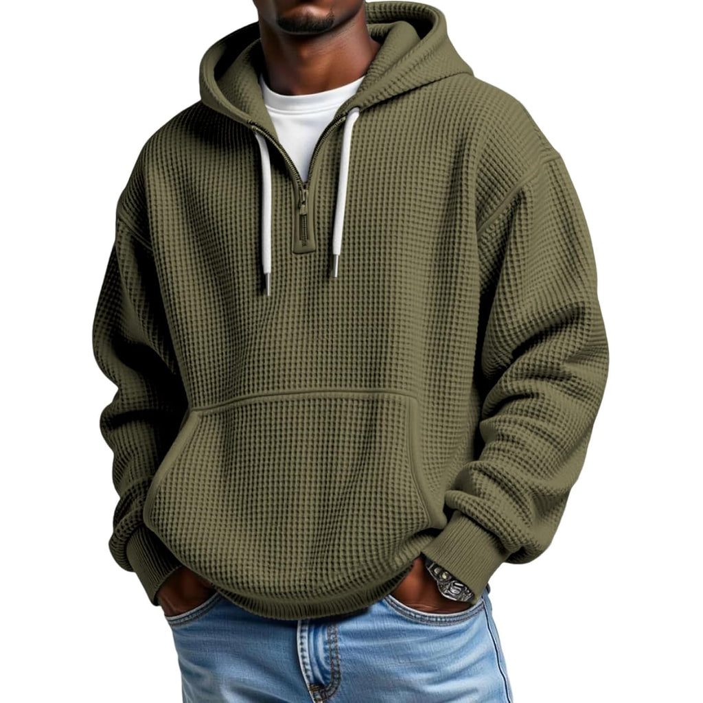 Men'S Quarter Zip Hoodie Waffle Knit Hooded Sweatshirt Loose Fit Casual Long Sleeve Pullover With Pockets