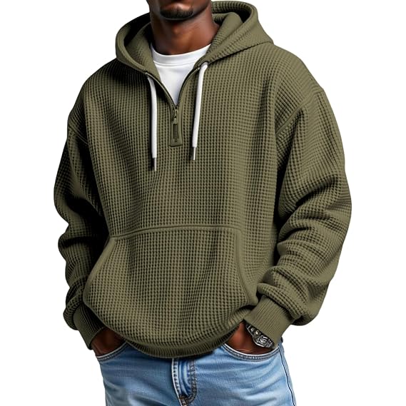 Men's Waffle Knit Quarter Zip Hoodie Long Sleeve Pullover Sweatshirt with Pockets