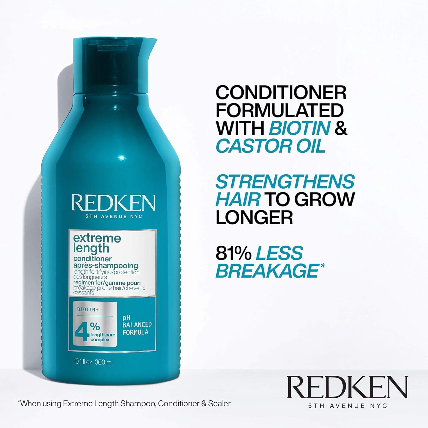 Redken Extreme Length Biotin Conditioner For Longer Hair – Promotes Healthy Hair Growth, Strengthens & Detangles Damaged Hair, Infused With Biotin & Castor Oil
