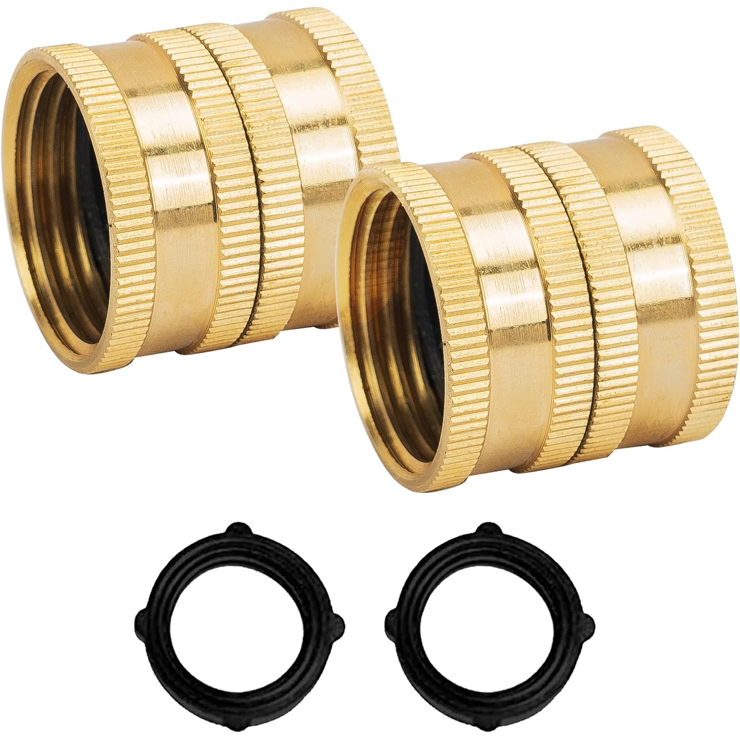 Hourleey Garden Hose Adapter, 3/4 Inch Solid Brass Hose Connectors, 2 Pack Hose Connector With 2 Extra Washers (Female To Female)