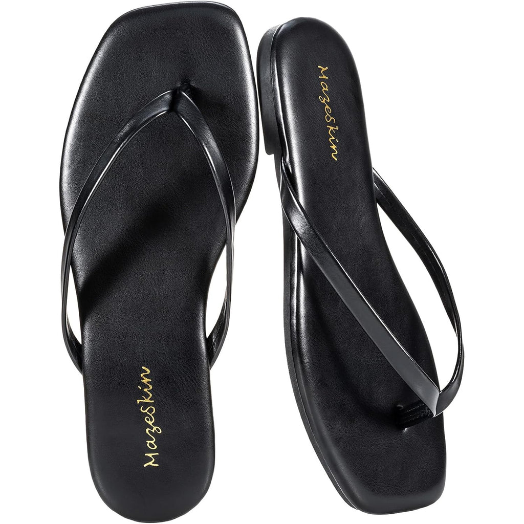 Mazeskin Womens Flip Flops Vegan Leather Memory Foam Square Toe Flat Sandals Summer Beach Slides