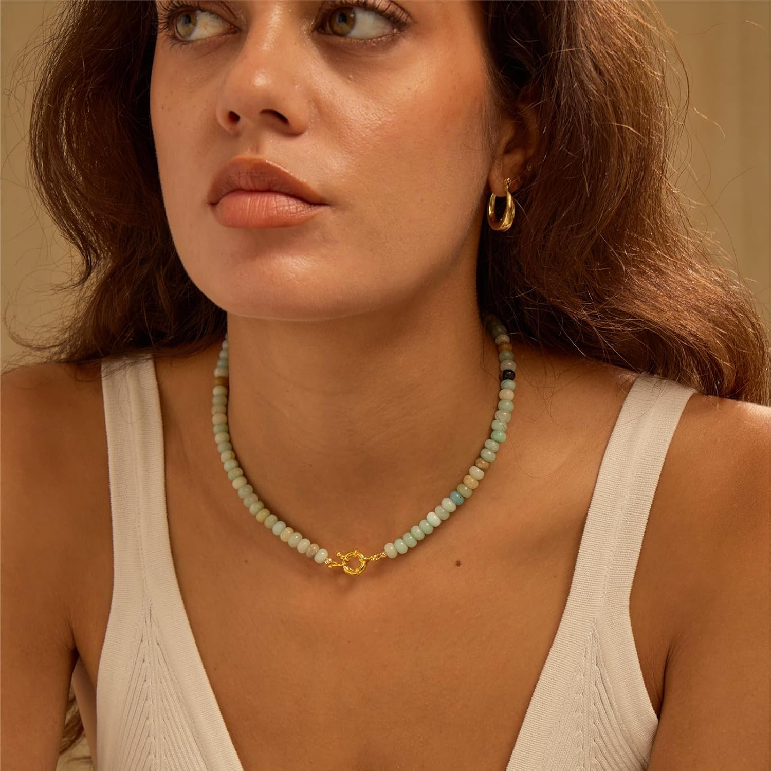 Beaded Gemstone Necklaces for Women, Bohemian Colored Choker Natural Stone Bead Decoration Summer Beach Handmade Jewelry Necklace