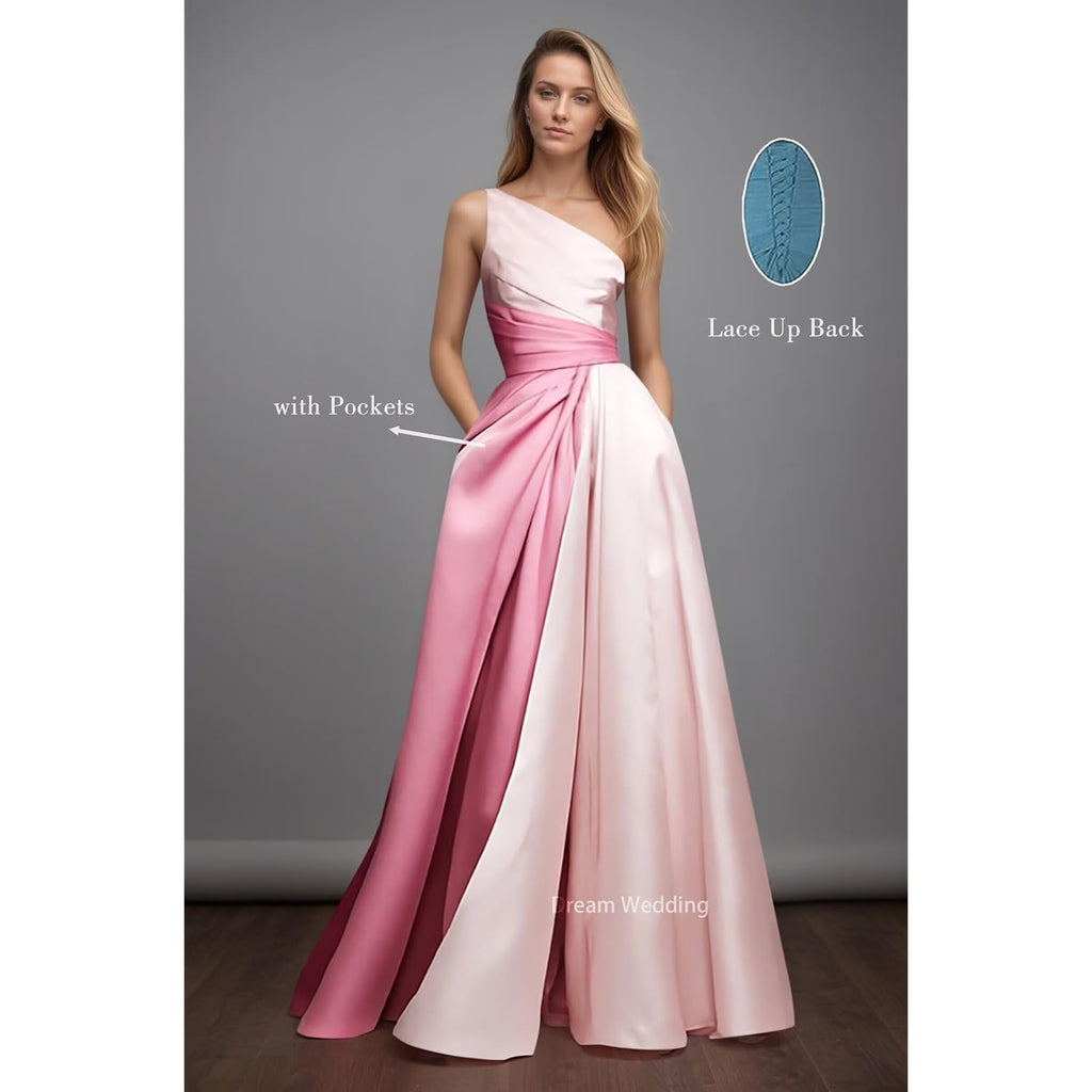 Dream Wedding Women Patchwork Satin Prom Dresses With Pockets One Shoulder Long Ball Gowns A-Line Formal Evening Dr0922A