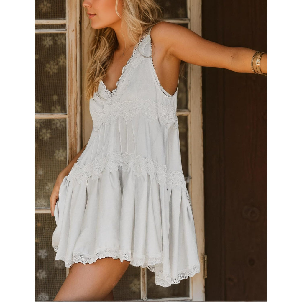 Womens Lace Mini Dress Slip Dress V-Neck Summer Y2K Ruffle Hem Flowy Swing Boho Short Dresses