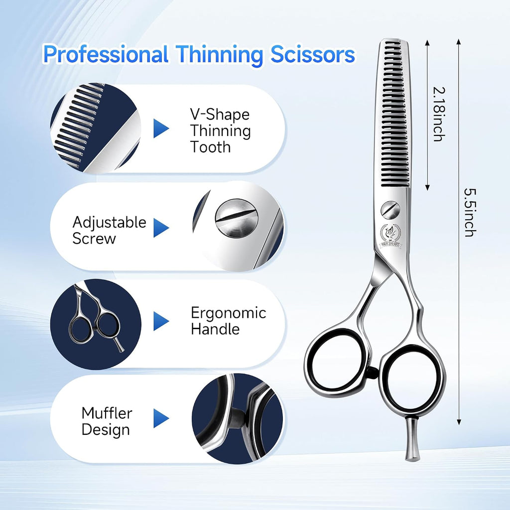 5.5'' Hair Cutting Scissors Set, Professional 440C Stainless Steel Barber Shears Kit With Cutting & Thinning Scissors, 9 Pcs Hairdressing Tools For Men Women Salon Home Use