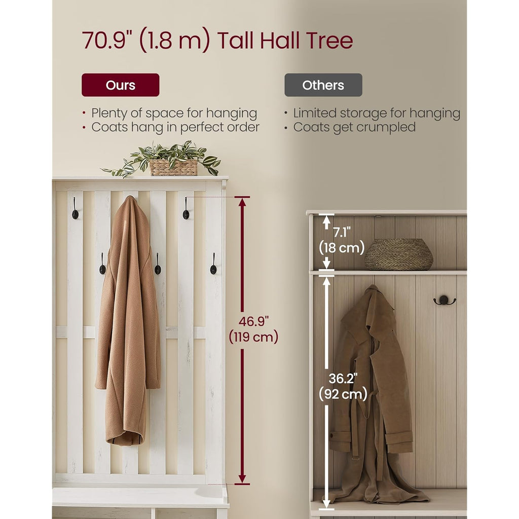 VASAGLE Hall Tree with Bench and Shoe Storage, Coat Rack with Shoe Bench, 7 Double Hooks for Jackets, Hats, Entryway, Bedroom, Living Room, 13.8 x 31.9 x 70.9 Inches, Rustic White UHSR414W01