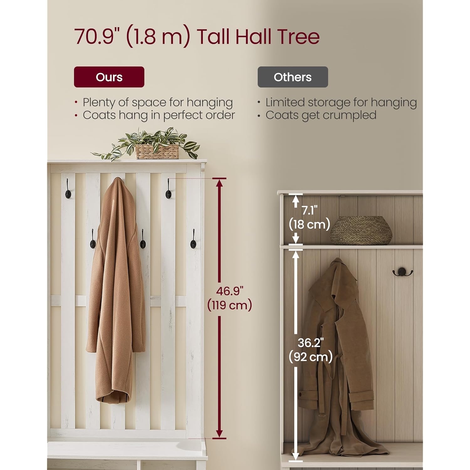 VASAGLE Hall Tree with Bench and Shoe Storage, Coat Rack with Shoe Bench, 7 Double Hooks for Jackets, Hats, Entryway, Bedroom, Living Room, 13.8 x 31.9 x 70.9 Inches, Rustic White UHSR414W01