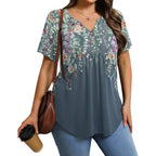 IN'VOLAND Womens Plus Size Tunic Top Summer Short Sleeve T-Shirt V-neck Button Up Dressy Blouse Casual Pleated Pullover 1X-5X
