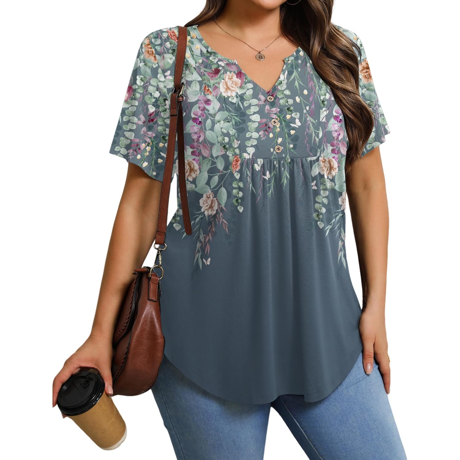 IN'VOLAND Womens Plus Size Tunic Top Summer Short Sleeve T-Shirt V-neck Button Up Dressy Blouse Casual Pleated Pullover 1X-5X