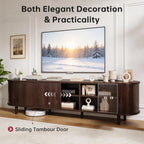 70" Mid Century Modern Tv Stand, Wood Tv Consoles With Sliding Doors And Power Outlet, Entertainment Center With Adjustable Shelves, Fluted Tv Stands For Living Room, Walnut