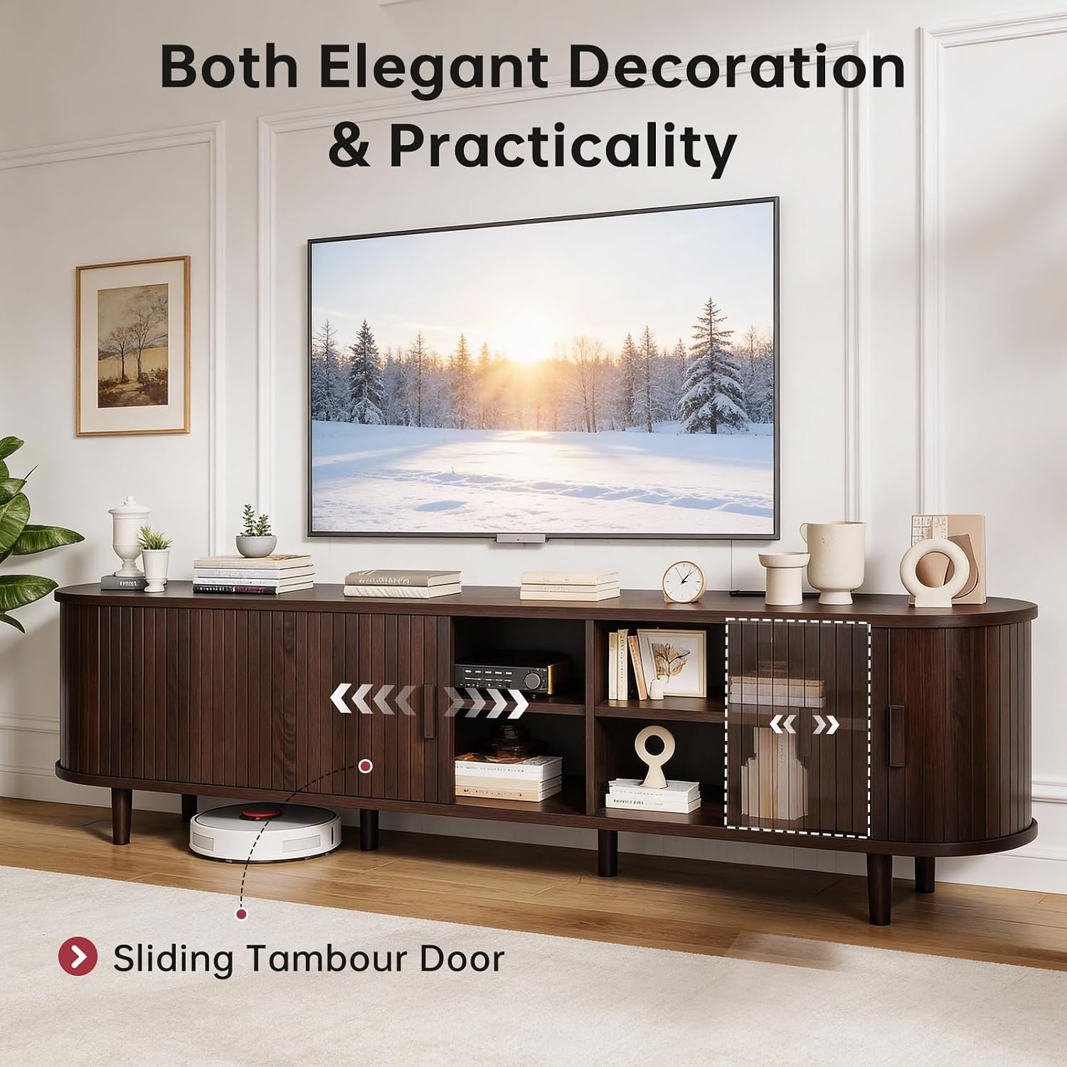 70" Mid Century Modern Tv Stand, Wood Tv Consoles With Sliding Doors And Power Outlet, Entertainment Center With Adjustable Shelves, Fluted Tv Stands For Living Room, Walnut