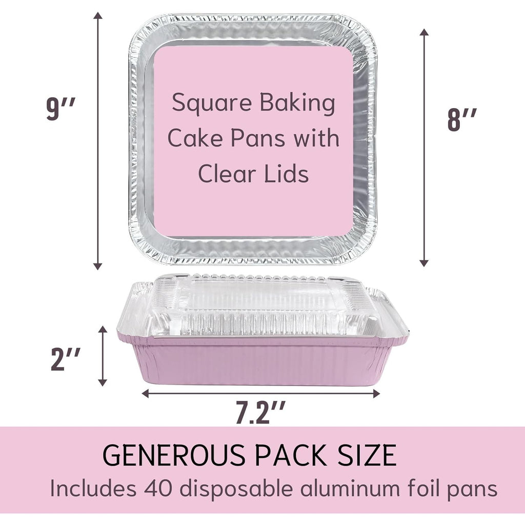 (40 Pack) 8x8 Square Aluminum Baking Cake Pans with Clear Lids - Pink Foil Pans with Lids - Disposable Food Containers Great for Cooking, Heating, Storing, Prepping Food