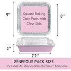 (40 Pack) 8x8 Square Aluminum Baking Cake Pans with Clear Lids - Pink Foil Pans with Lids - Disposable Food Containers Great for Cooking, Heating, Storing, Prepping Food