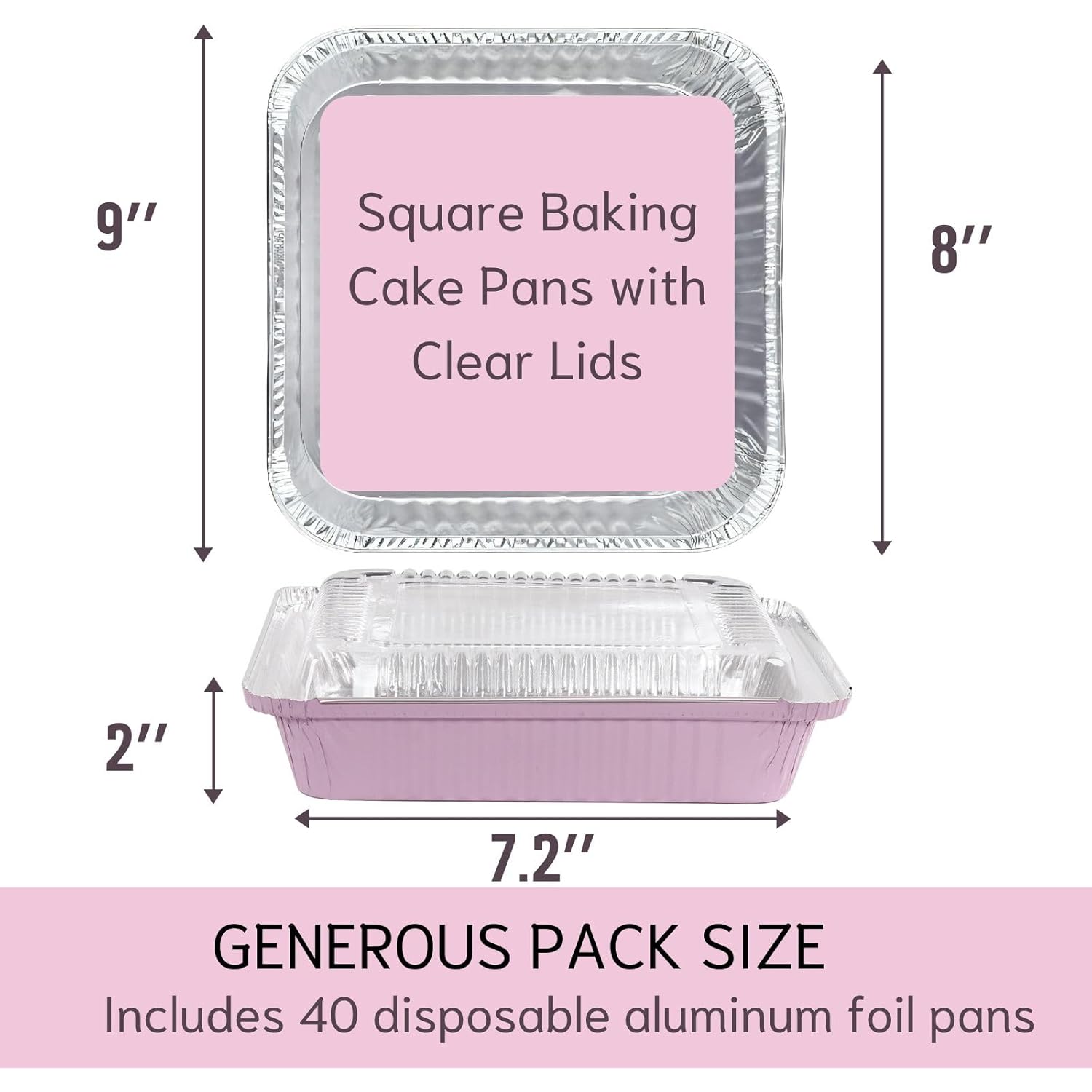 (40 Pack) 8x8 Square Aluminum Baking Cake Pans with Clear Lids - Pink Foil Pans with Lids - Disposable Food Containers Great for Cooking, Heating, Storing, Prepping Food