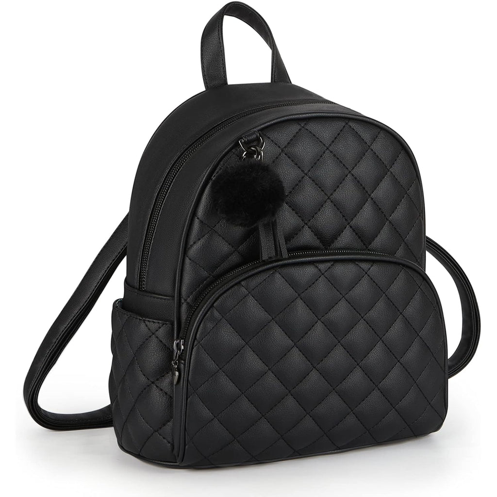 ECOSUSI Mini Backpack for Women Leather Small Backpack Purse for Ladies Cute Pom Bookbag Travel Shoulder Bag with Charm Tassel Black