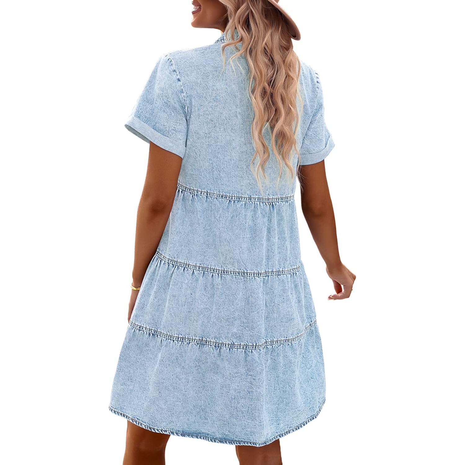 Grapent Denim Dress For Women Babydoll Tiered Short Sleeve Button Down Jean Shirt Dresses