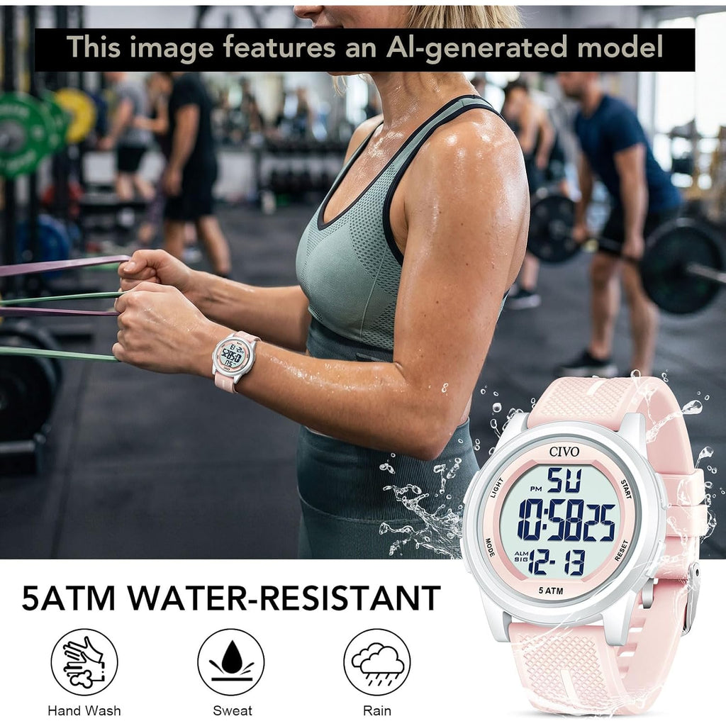 Civo Digital Watches For Women Men: Sports Waterproof Ultra-Thin Big Face Watch Suitable For Larger Wrists - Soft Silicone Wristwatch With Stopwatch Alarm For Outdoor Enthusiast - Running & Hiking