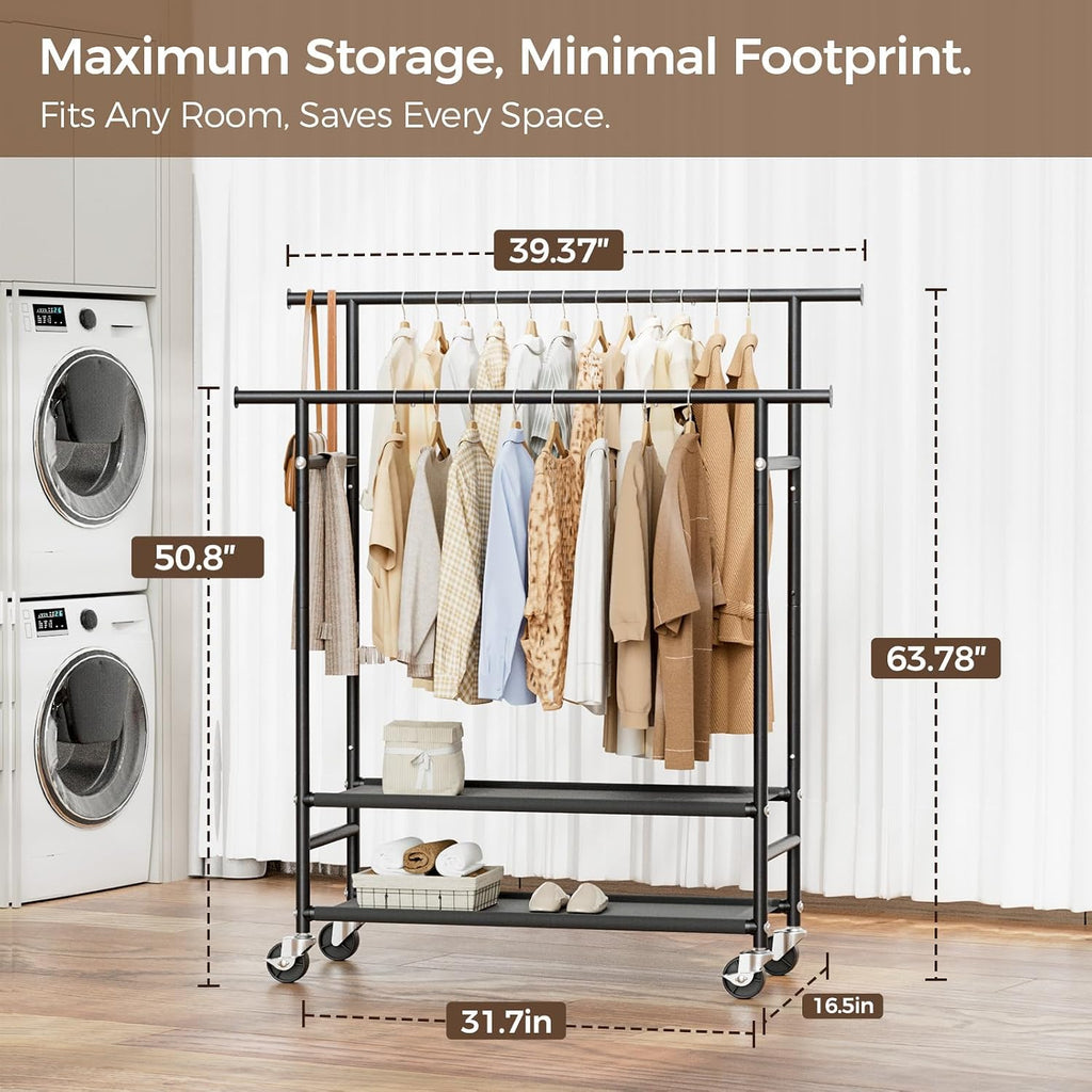 Hyseyy Clothes Rack,Double Rods Rolling Clothing Rack For Hanging Clothes,Portable Garment Rack With 2-Tier Storage Shelves,Free Standing Wardrobe Closet Coat Rack On Wheels For Bedroom,Laundry Room
