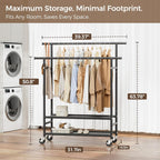 Hyseyy Clothes Rack,Double Rods Rolling Clothing Rack For Hanging Clothes,Portable Garment Rack With 2-Tier Storage Shelves,Free Standing Wardrobe Closet Coat Rack On Wheels For Bedroom,Laundry Room