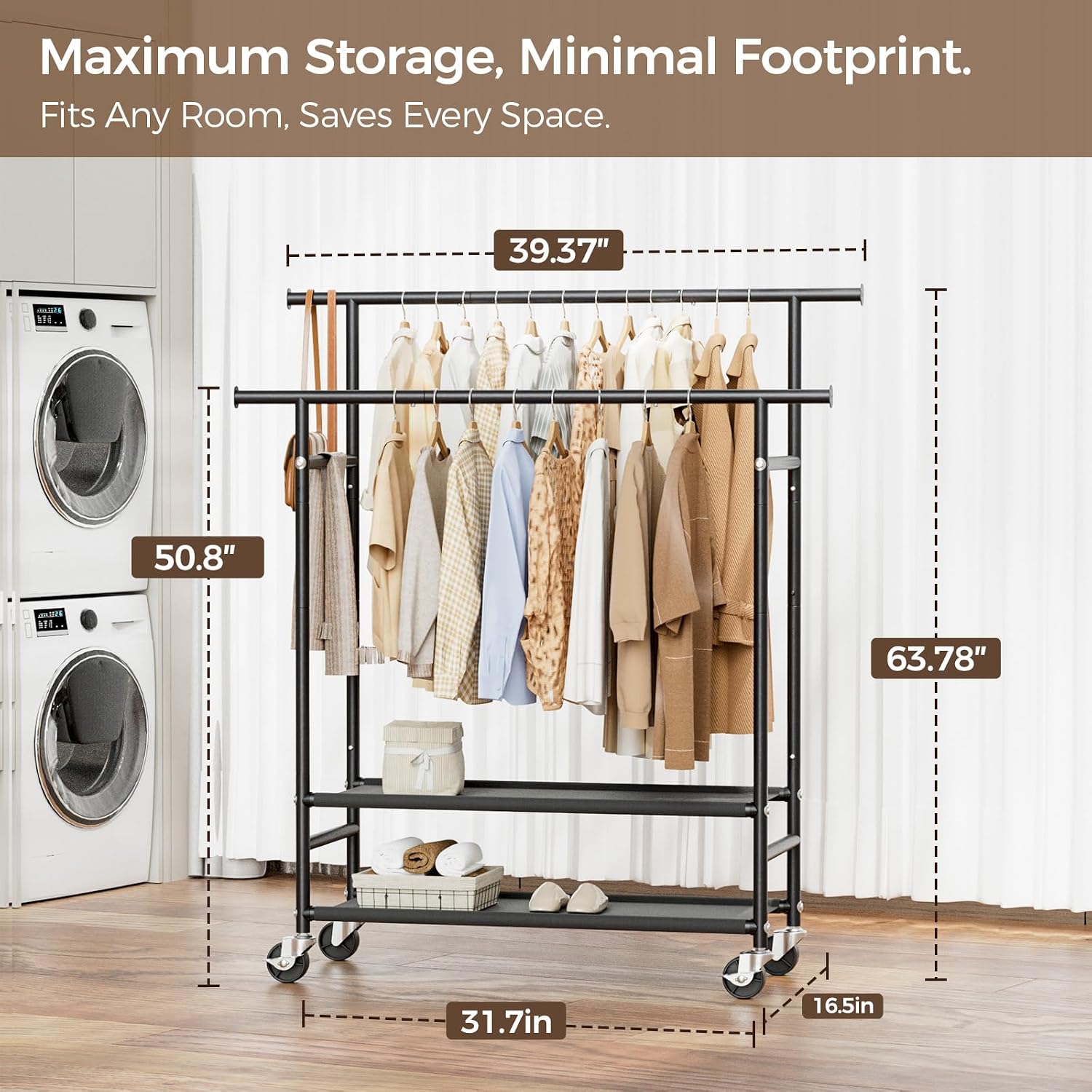 Hyseyy Clothes Rack,Double Rods Rolling Clothing Rack For Hanging Clothes,Portable Garment Rack With 2-Tier Storage Shelves,Free Standing Wardrobe Closet Coat Rack On Wheels For Bedroom,Laundry Room