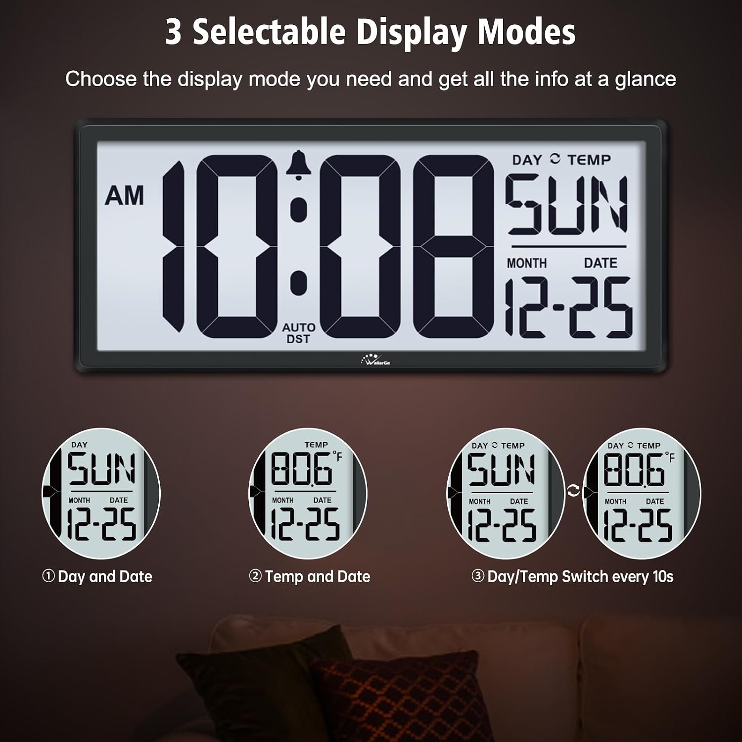 Backlight Digital Wall Clock Battery Operated - With Temperature And Date 14.5'' Large Digital Wall Clock, Easy To Read And Set, Auto Dst