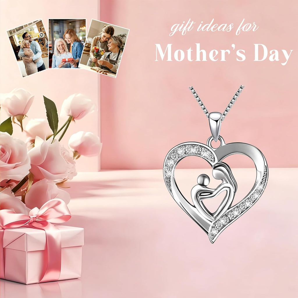 Mothers Day Gifts for Women 925 Sterling Silver Mother and Daughter Son Love Heart Pendant Necklace Jewelry Gifts for Grandmother Mom Daughter Wife