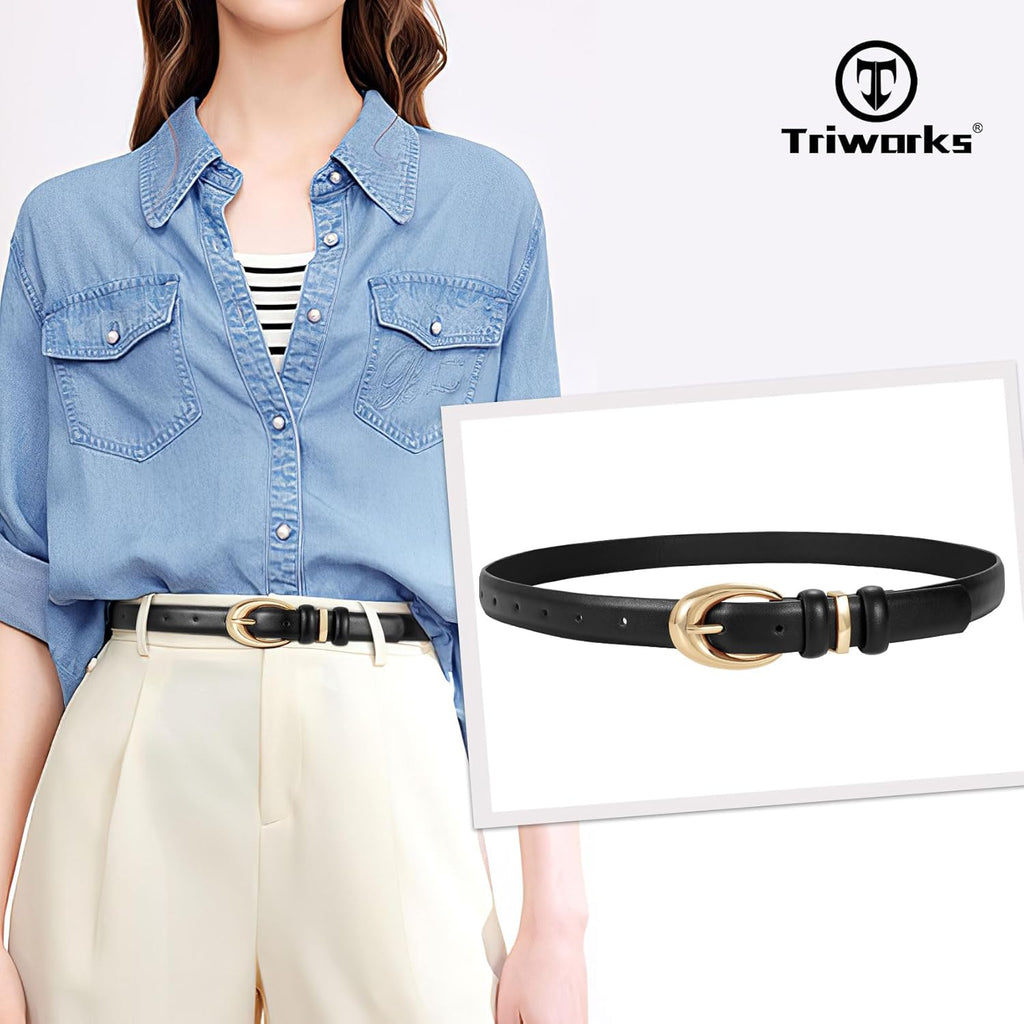TRIWORKS Women Leather Belt for Jeans Pants Fashion Ladies Skinny Faux Leather Dress belt with Gold Buckle