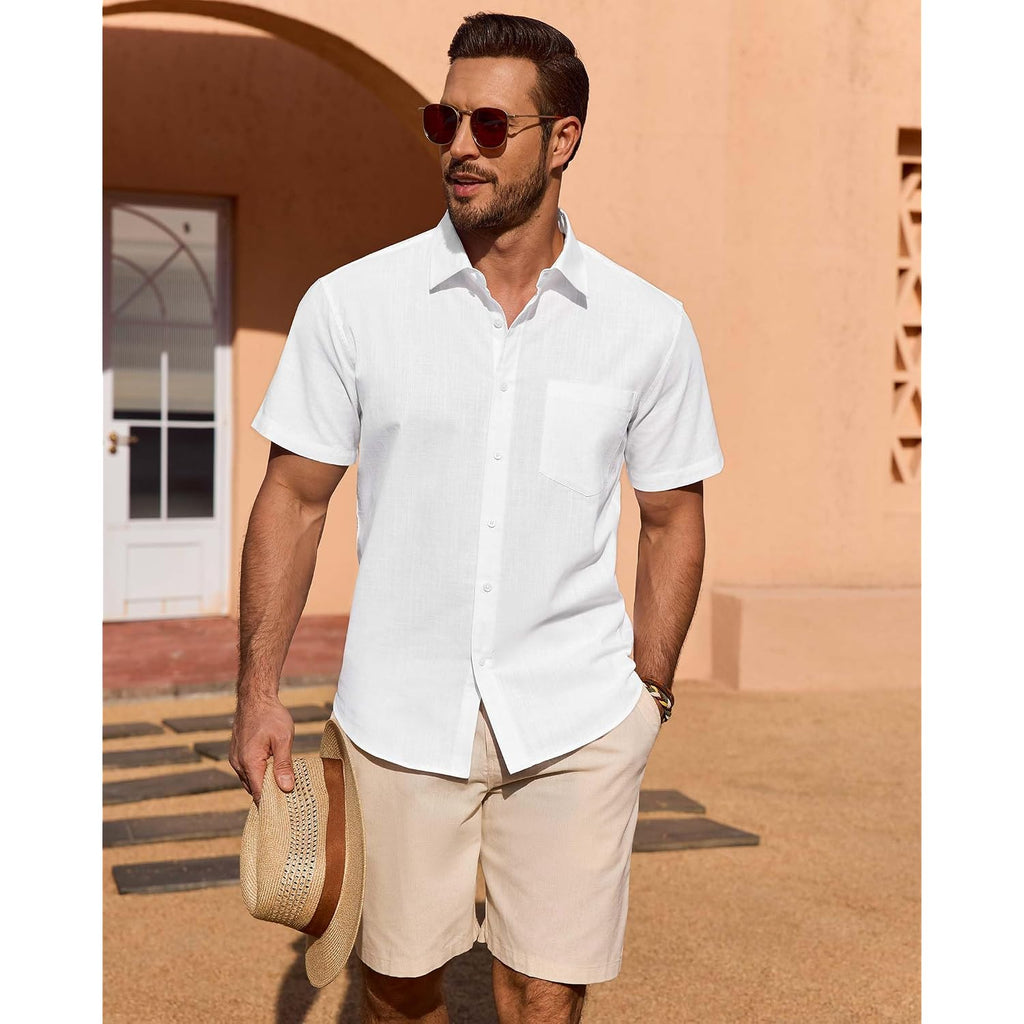 Linen Shirts For Men Short Sleeve Button Down Casual Shirt Cotton Beach Summer Collared Top With Pocket