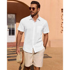 Linen Shirts For Men Short Sleeve Button Down Casual Shirt Cotton Beach Summer Collared Top With Pocket