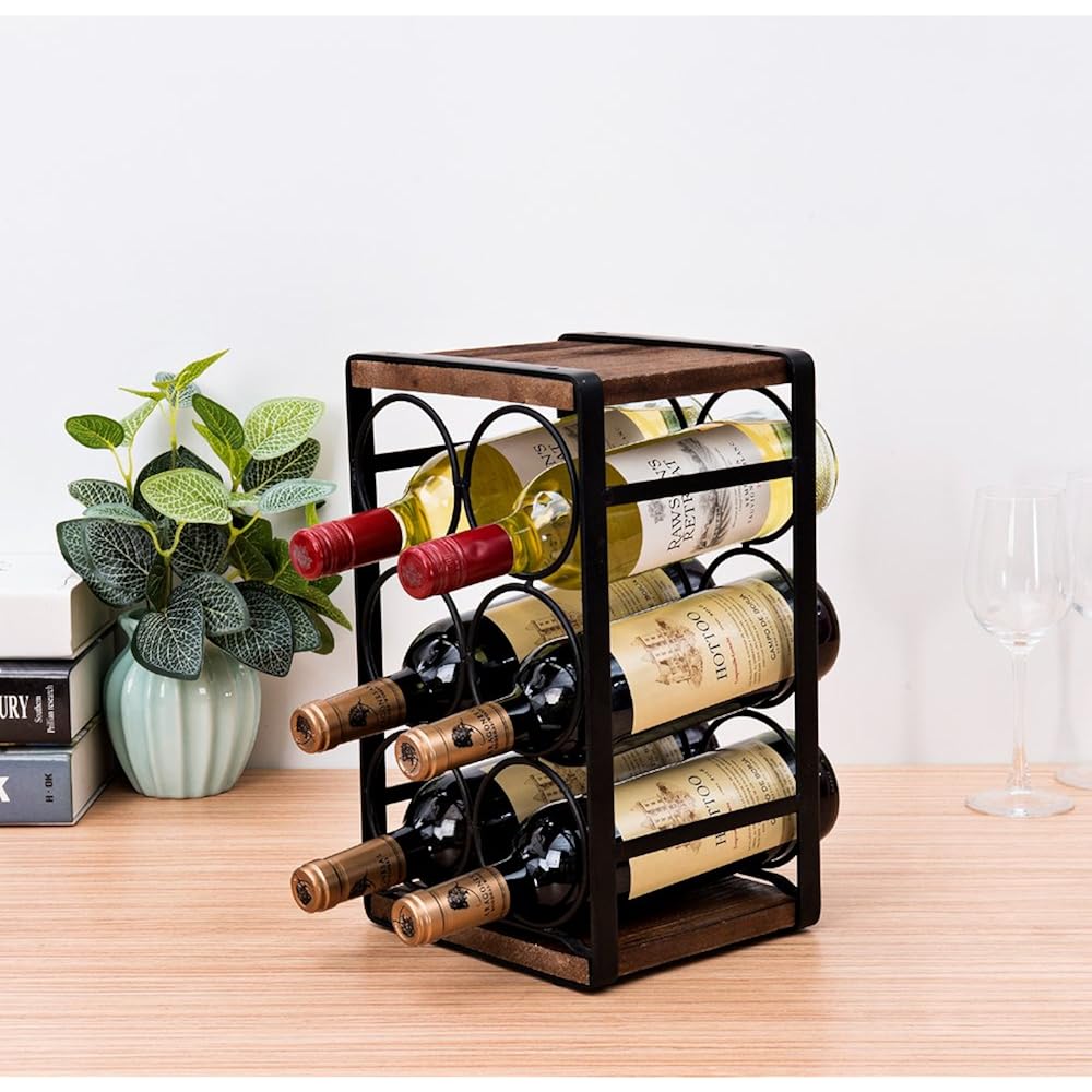 Rustic Wood Countertop Wine Rack 6 Bottles No Need Assembly Brown
