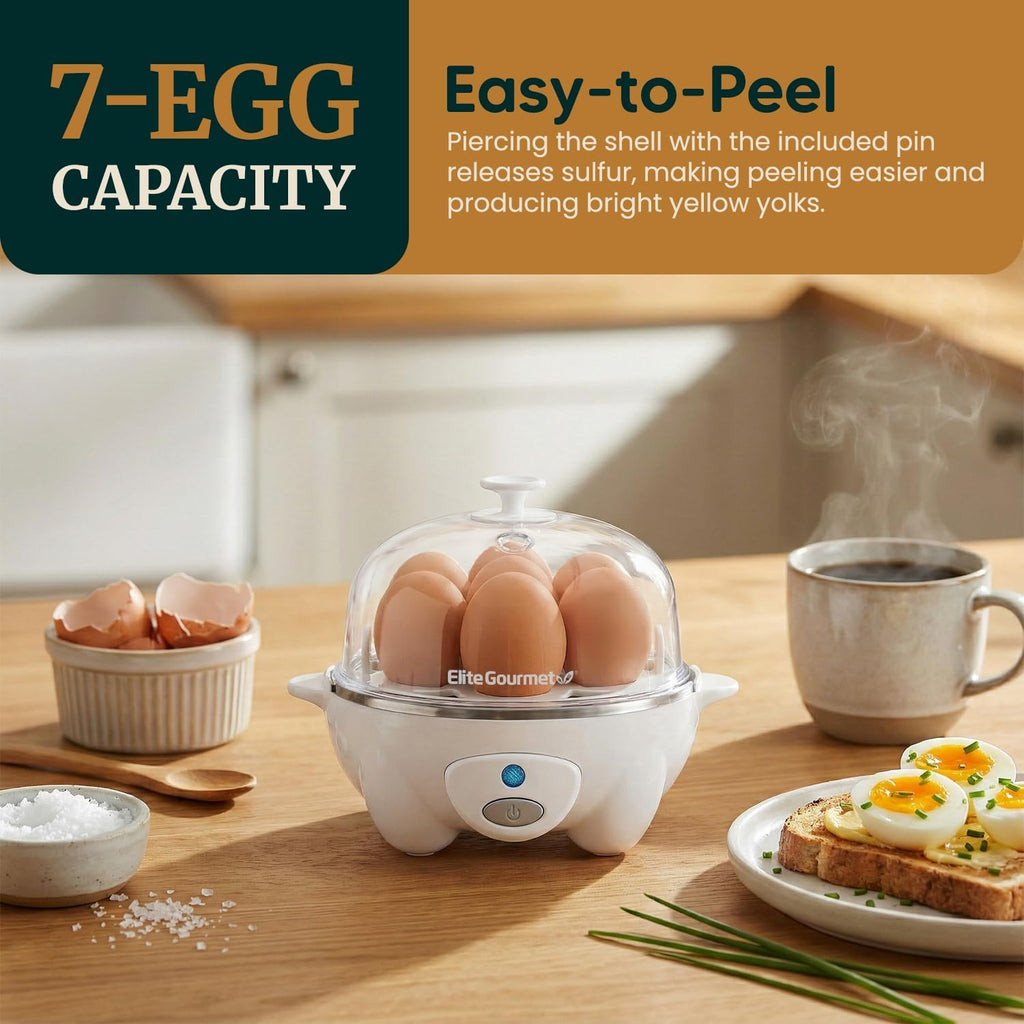 Elite Gourmet EGC-007## Rapid Egg Cooker, 7 Easy-To-Peel, Hard, Medium, Soft Boiled Eggs, Poacher, Omelet Maker, Auto Shut-Off, Alarm, 16-Recipe Booklet, White
