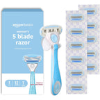 Amazon Basics 5-Blade Razor Handle for Women, Includes 12 Cartridges and Shower Hanger, 14 Piece Set, Blue
