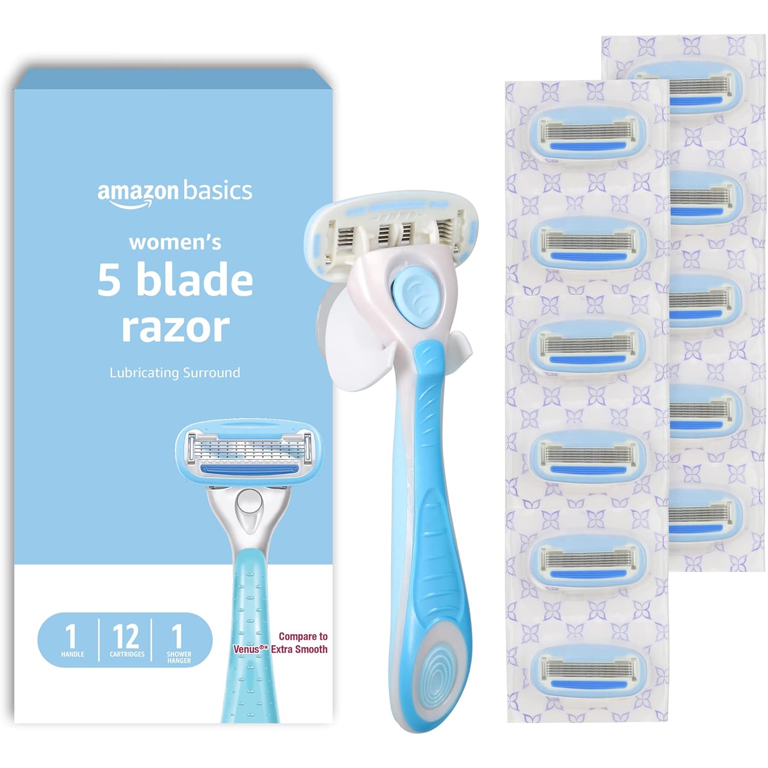 Amazon Basics 5-Blade Razor Handle for Women, Includes 12 Cartridges and Shower Hanger, 14 Piece Set, Blue