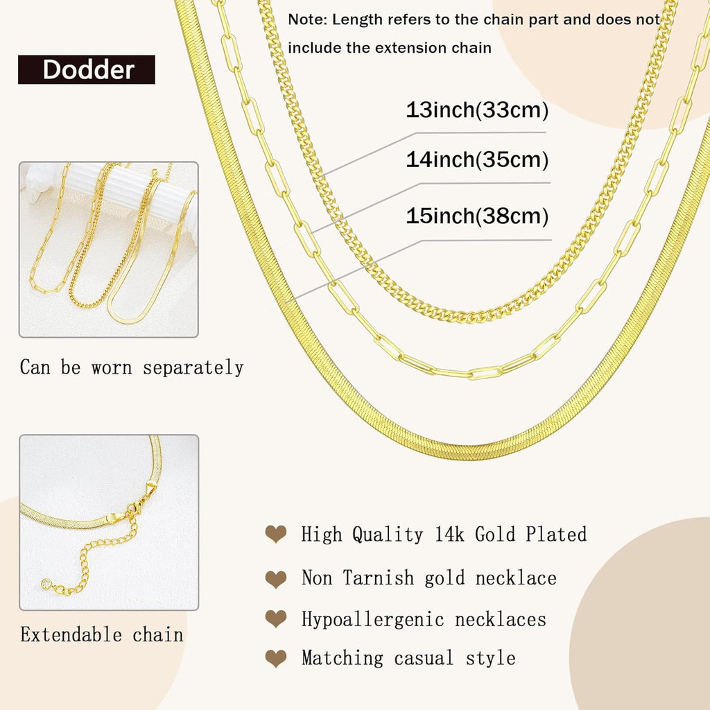 Gold Layered Necklaces for Women, 14K Gold Plated Dainty Gold Chain Choker Necklace Stack, Herringbone Gold Necklaces Set