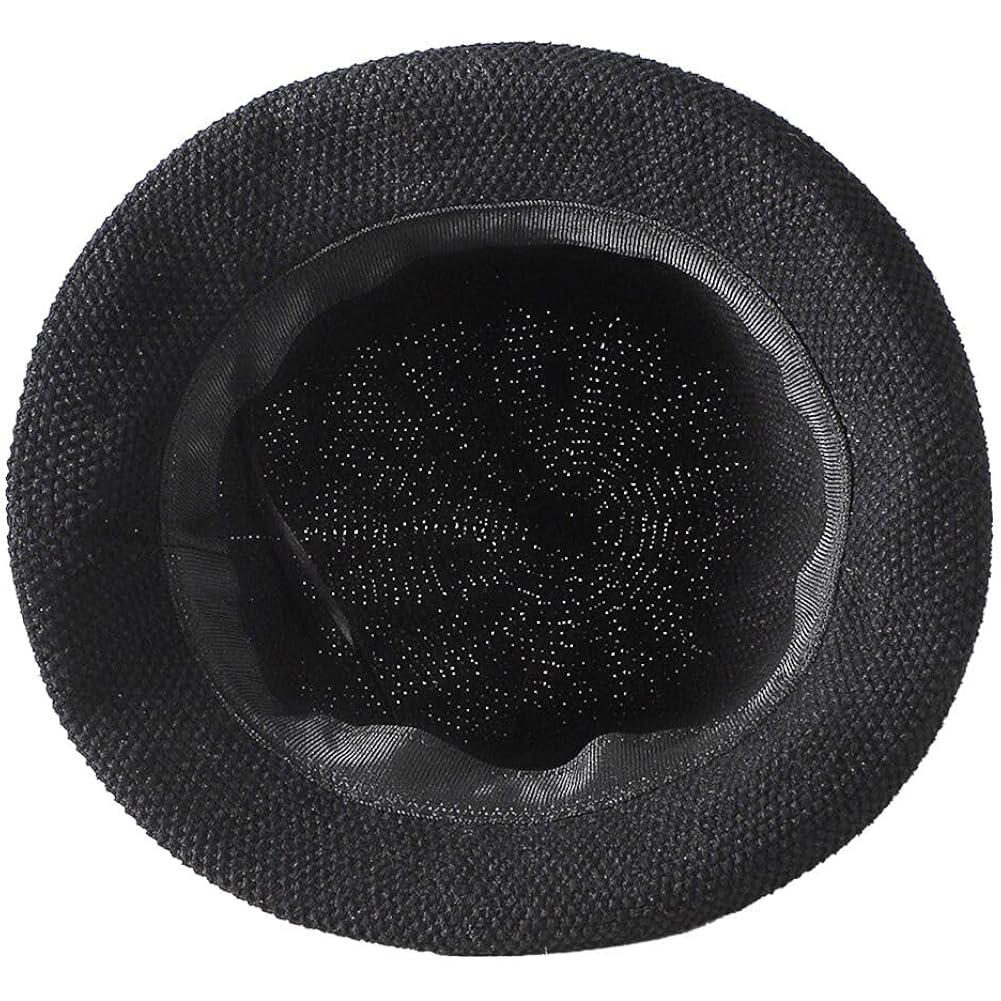 Women Straw Cloche Sun Hat Summer Church Hat 1920s Round Beach Bowler Bucket Hats Roll Brim Travel Caps Belt/Black