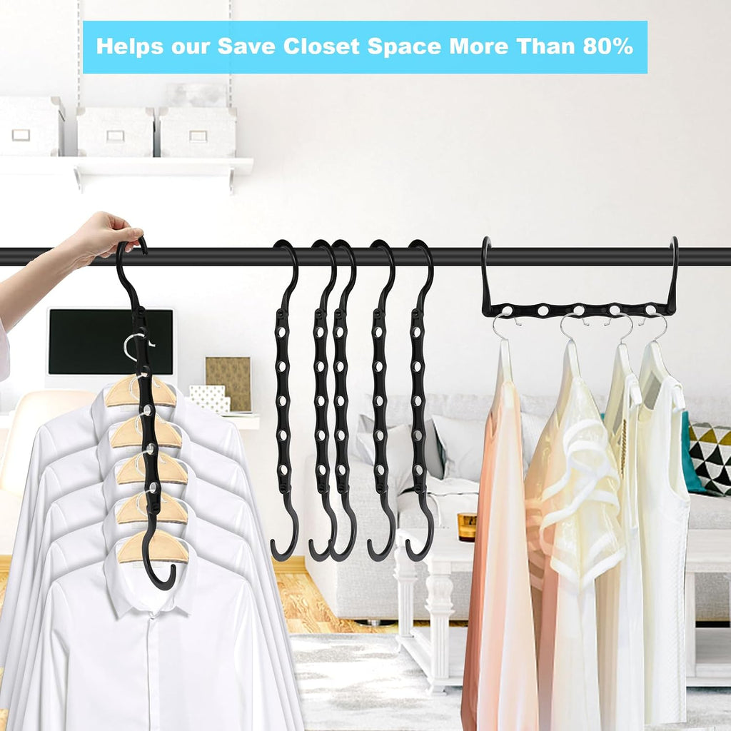 Space Saving Hangers 10 Pack, Heavy Duty Magic Cascading Hanger Organizer With 5 Enclosed Anti-Slip Holes, Closet Organizers And Storage For Clothes, College Dorm Room Essentials, Black