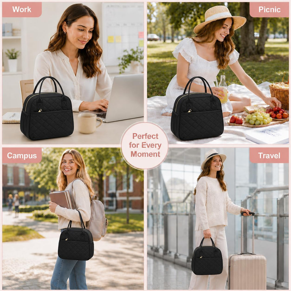 Lunch Box For Women Insulated Lunch Bag Lunchbox Cooler Thermal Leakproof Quilted Reusable Lunch Tote Bag For Work School Travel Picnic (Black)