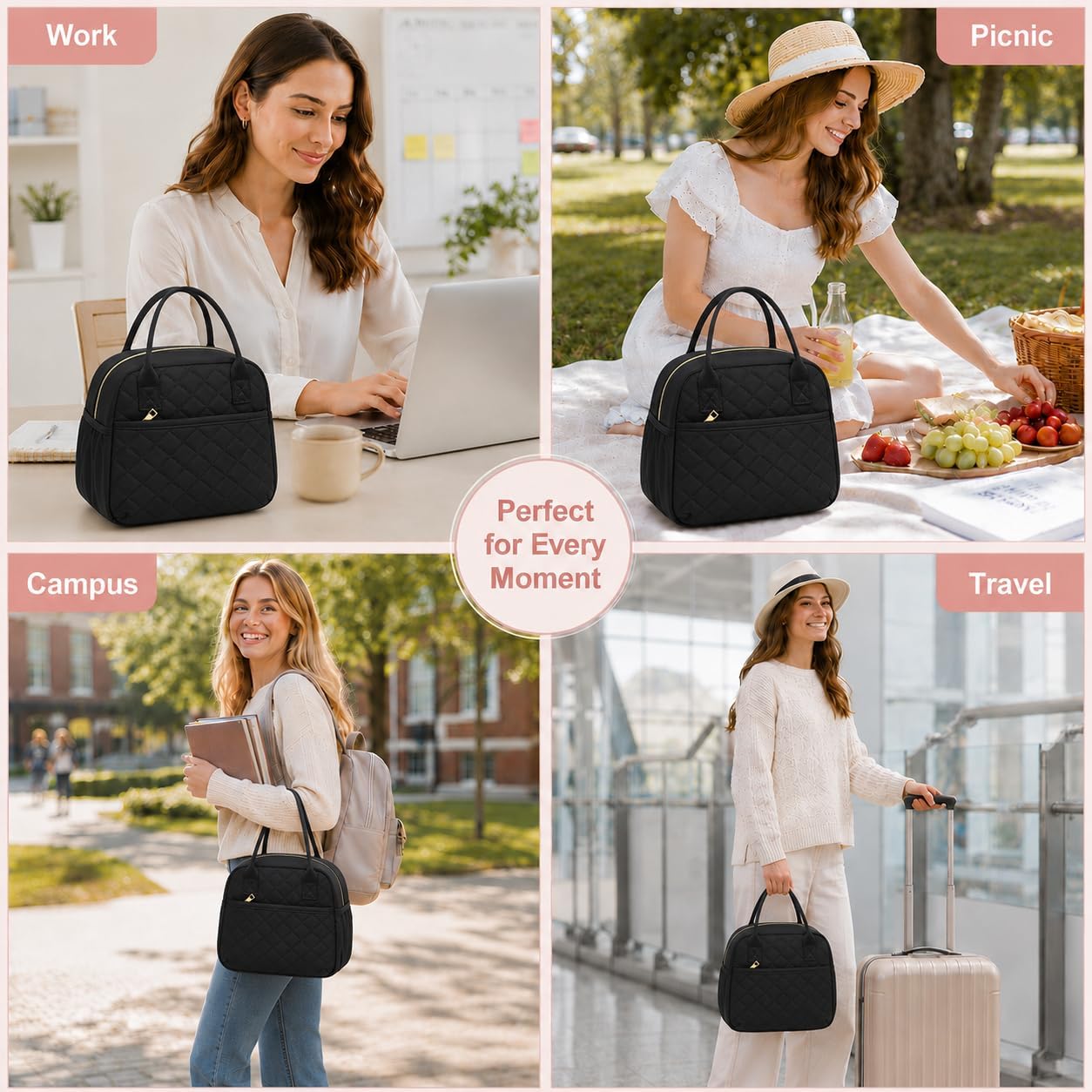 Lunch Box For Women Insulated Lunch Bag Lunchbox Cooler Thermal Leakproof Quilted Reusable Lunch Tote Bag For Work School Travel Picnic (Black)