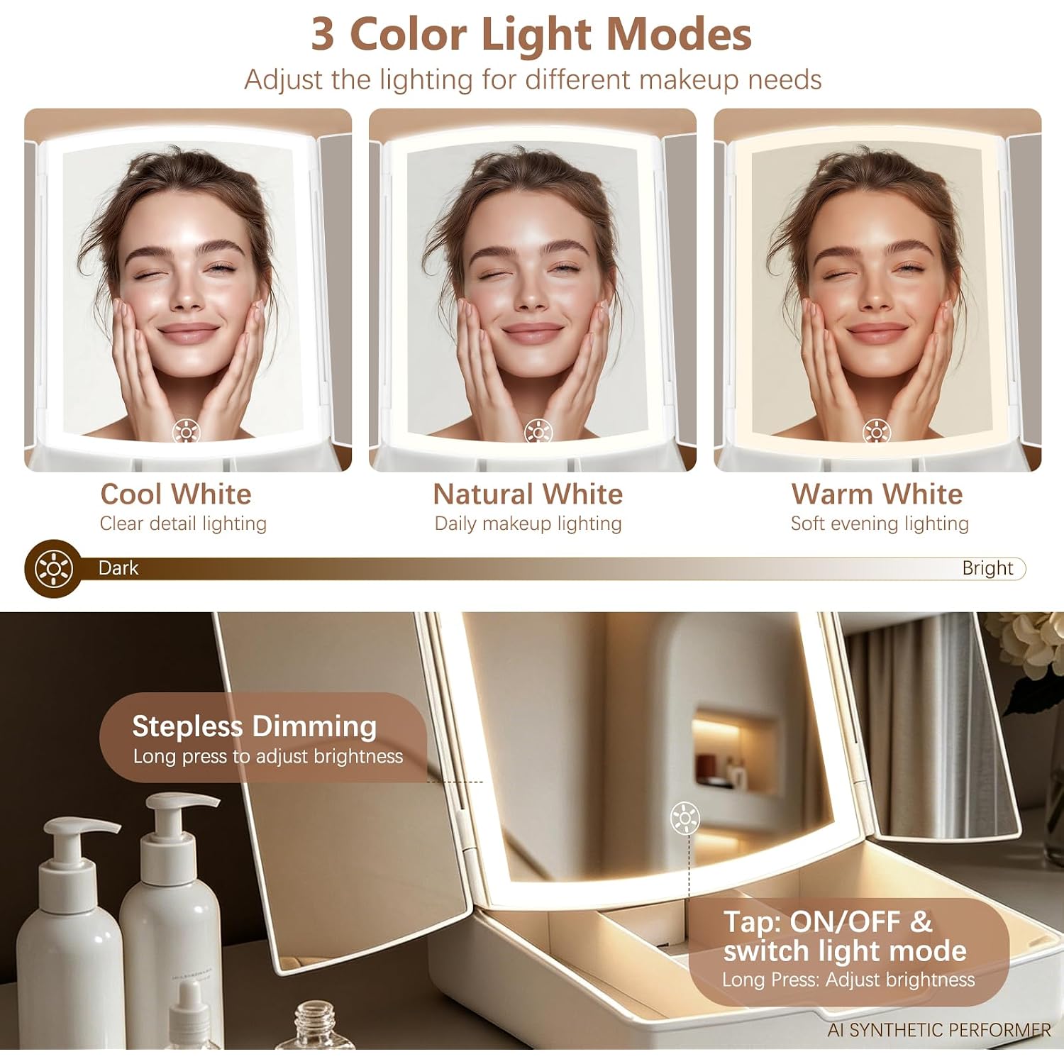 Makeup Mirror With Lights, Tri-Fold Vanity Mirror, 3 Colors, 5X/10X
