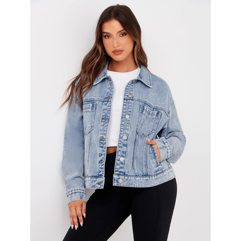 Glamaker Womens Oversized Jean Jacket Casual Long Sleeve Button Down Denim Jacket Fall Coat