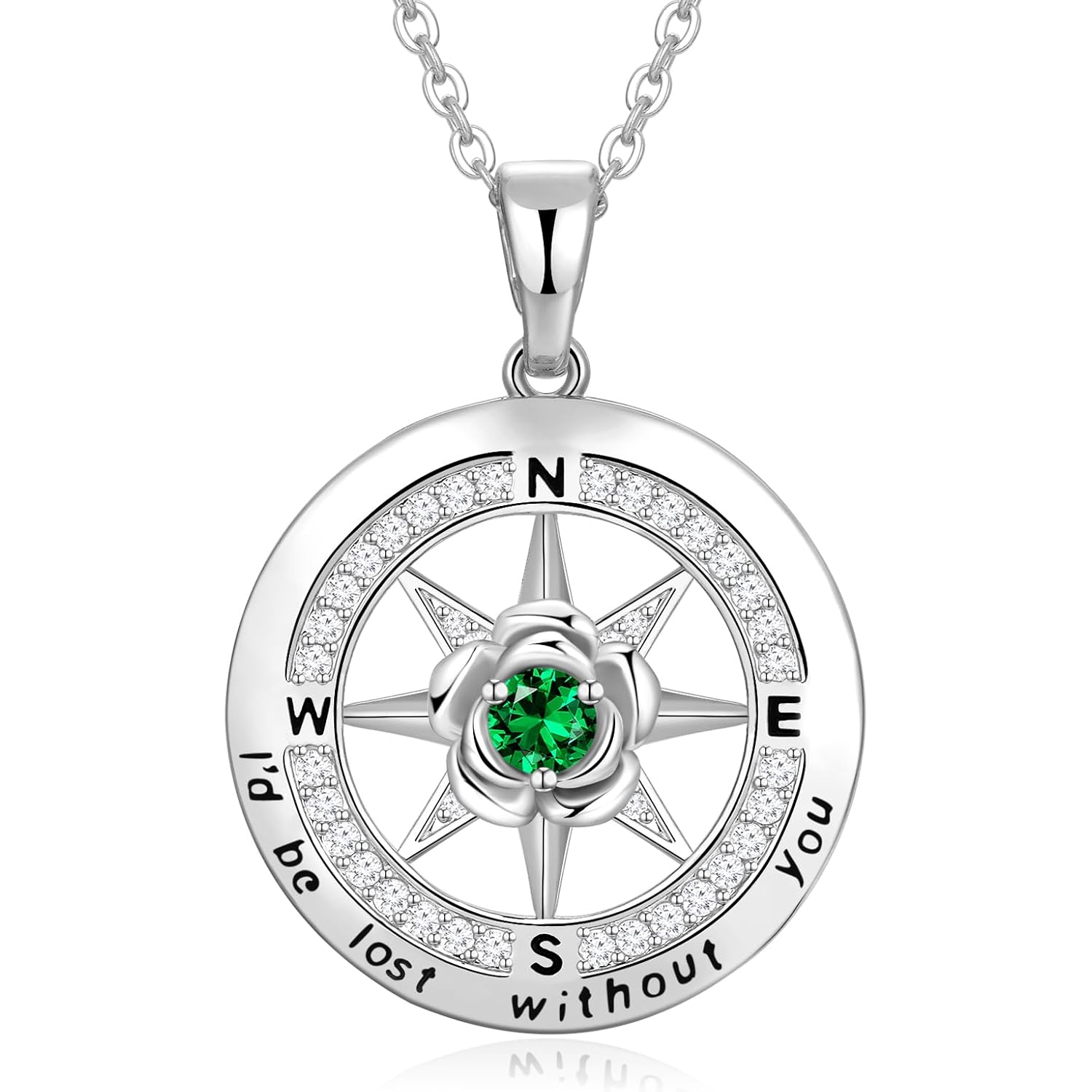Meeshi Silver Compass Necklace for Women Birthday Gifts for Wife Anniversary Necklace for Women Rose Flower Birthstone Necklaces for Wife Jewelry for Womens Girlfriend Mom Daughter