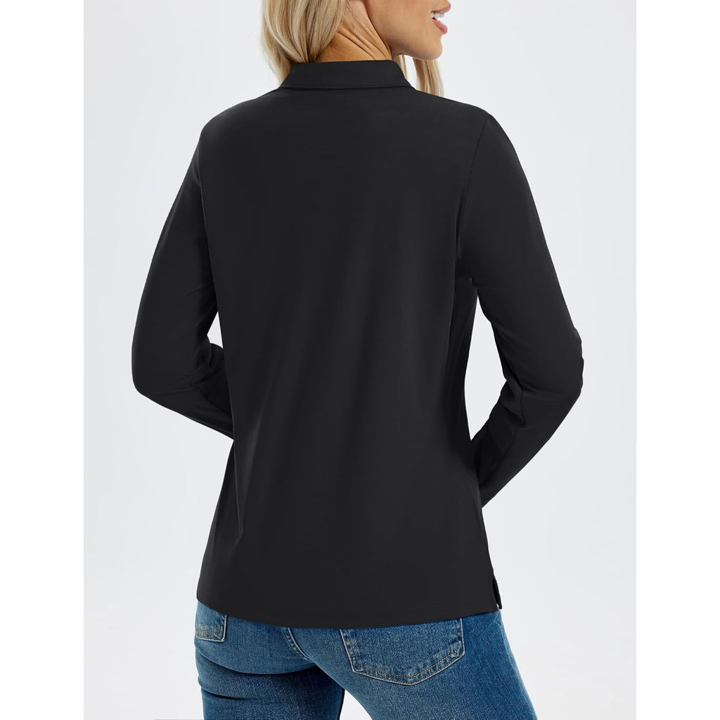 Women's Long Sleeve Polo Shirts UPF 50+ Golf Tops Moisture Wicking Collared Shirt Tennis 3-Button